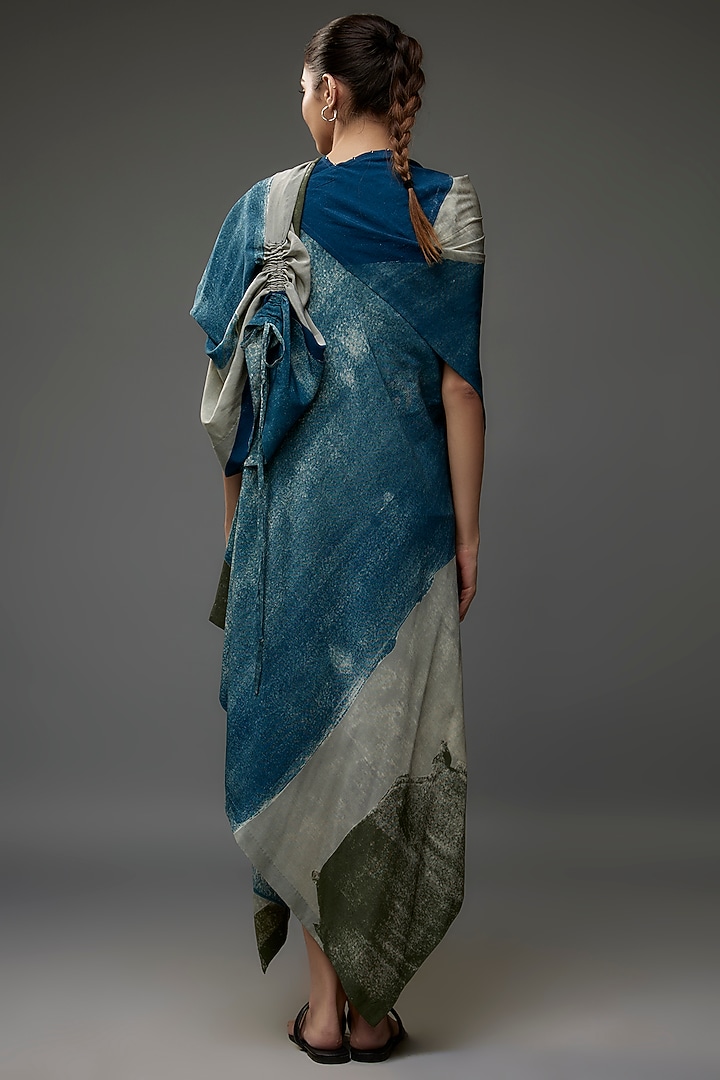 Petrol Blue Silk Crepe Draped Cocktail Dress by Divyam Mehta at Pernia's Pop Up Shop