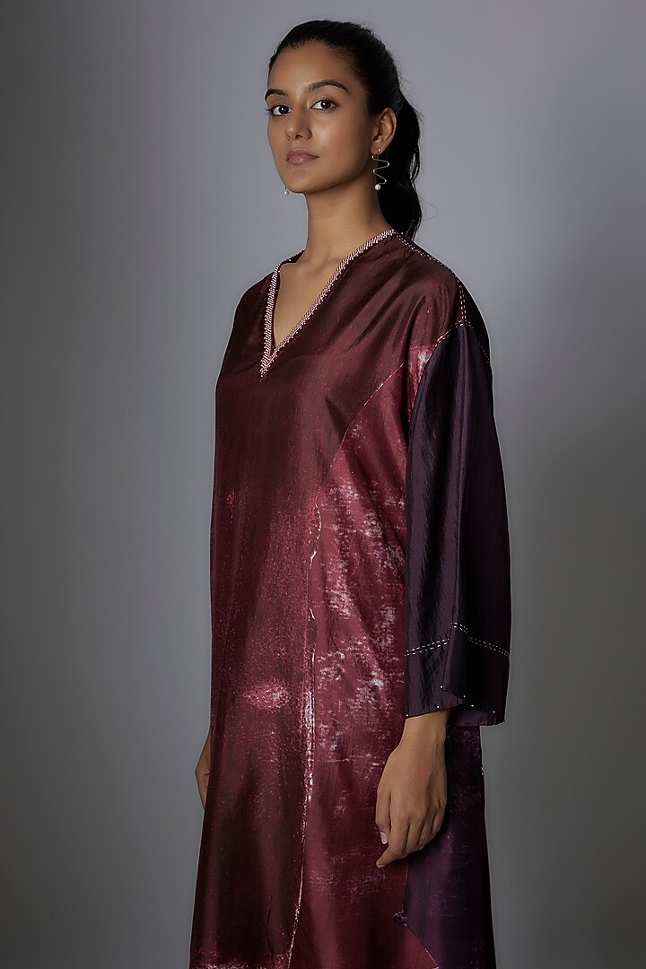 Wine Mulberry Silk Printed Kurta Set by Divyam Mehta at Pernia's Pop Up Shop