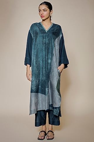 Blue Mulberry Silk Printed Tunic Set by Divyam Mehta