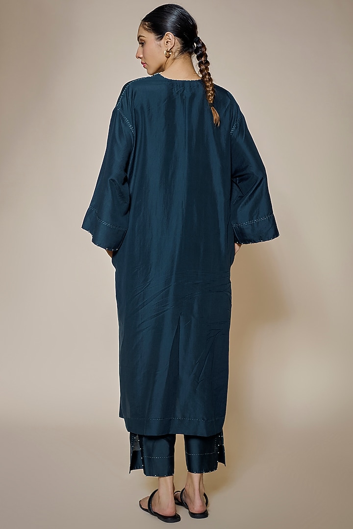 Blue Mulberry Silk Printed Tunic Set by Divyam Mehta at Pernia's Pop Up Shop