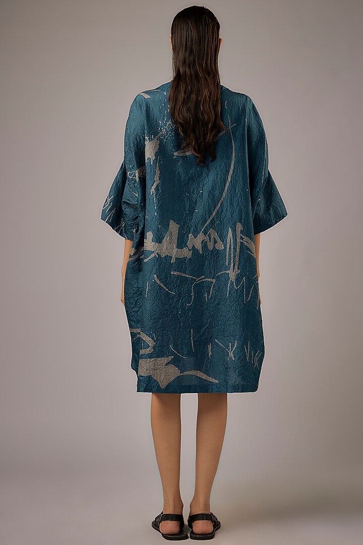 Petrol Blue Mulberry Silk Printed Tunic by Divyam Mehta at Pernia's Pop Up Shop