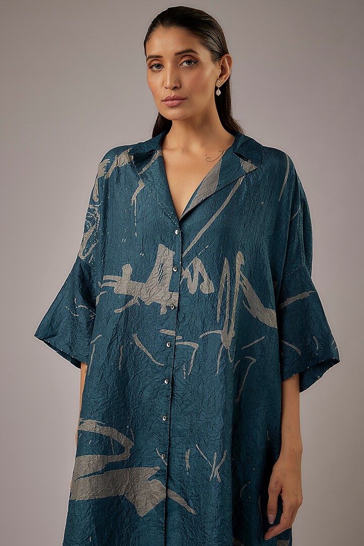 Petrol Blue Mulberry Silk Printed Tunic by Divyam Mehta at Pernia's Pop Up Shop