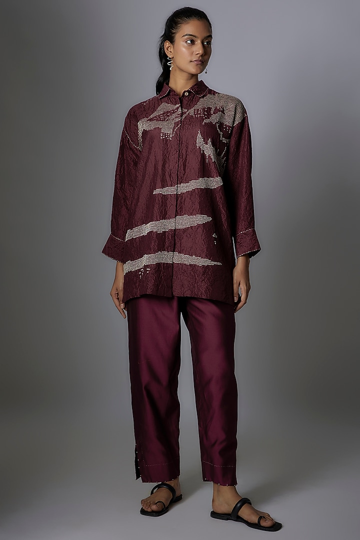 Wine Mulberry Silk Embroidered Top by Divyam Mehta at Pernia's Pop Up Shop