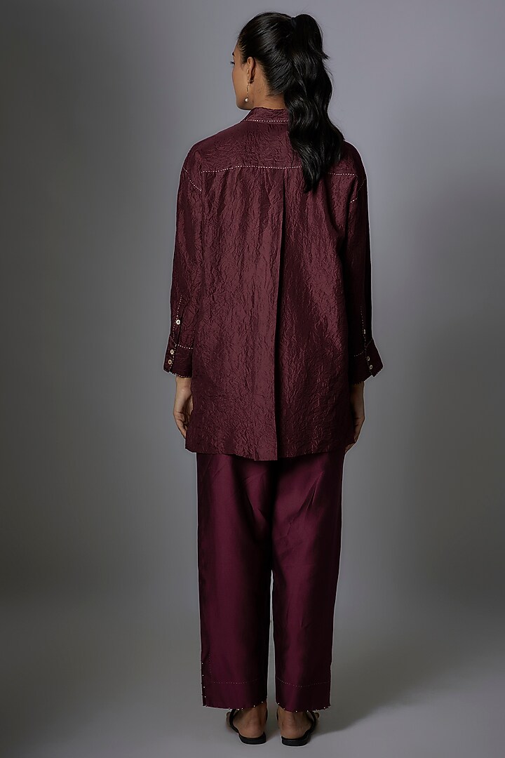 Wine Mulberry Silk Embroidered Top by Divyam Mehta at Pernia's Pop Up Shop