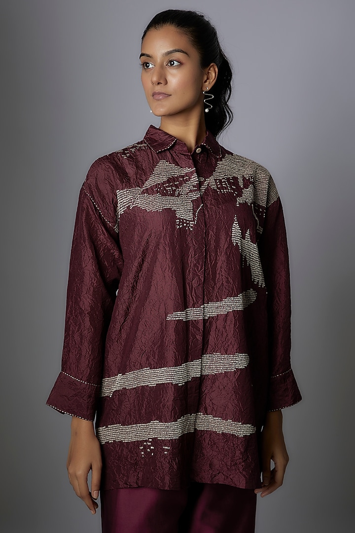 Wine Mulberry Silk Embroidered Top by Divyam Mehta at Pernia's Pop Up Shop