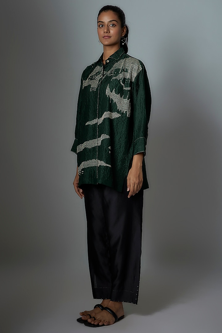 Bottle Green Mulberry Silk Embroidered Top by Divyam Mehta at Pernia's Pop Up Shop