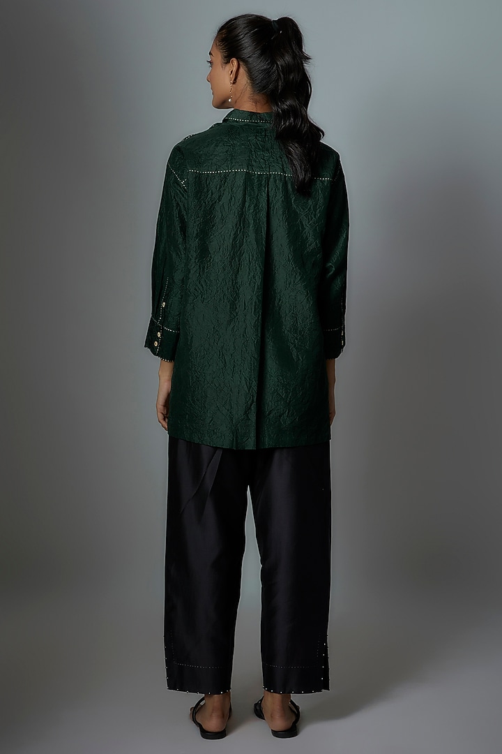 Bottle Green Mulberry Silk Embroidered Top by Divyam Mehta at Pernia's Pop Up Shop