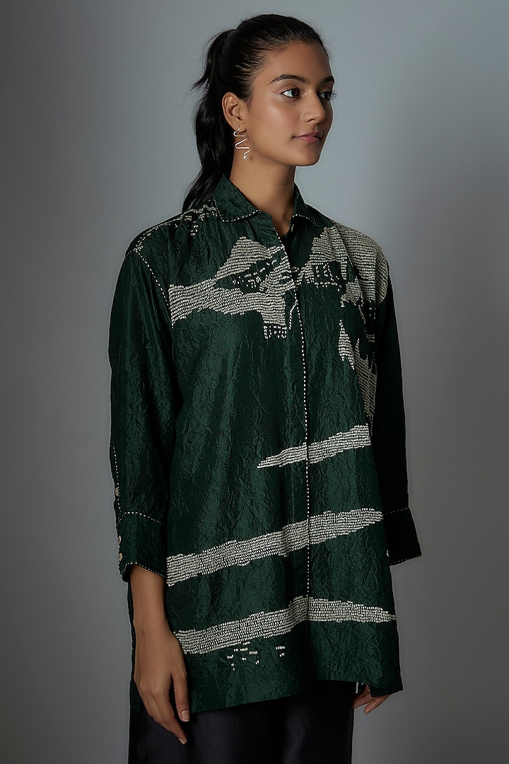 Bottle Green Mulberry Silk Embroidered Top by Divyam Mehta at Pernia's Pop Up Shop