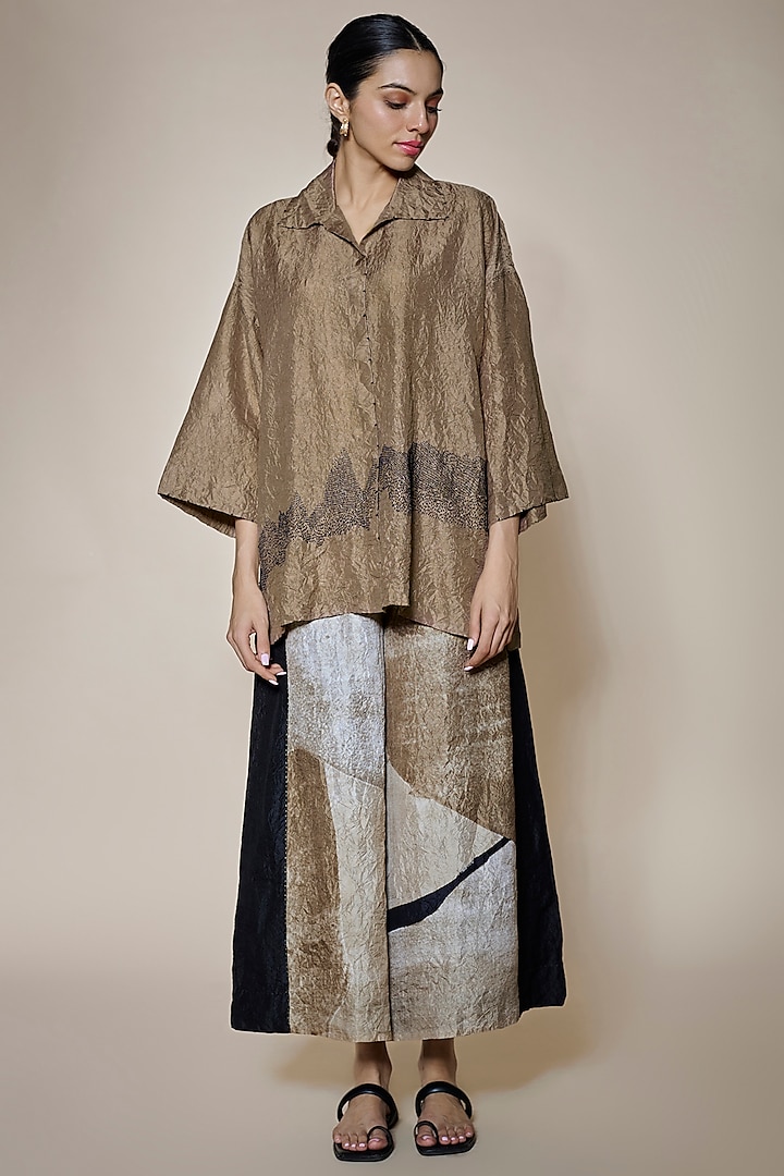 Brown Mulberry Silk Embroidered Shirt by Divyam Mehta at Pernia's Pop Up Shop