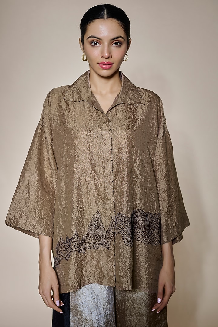 Brown Mulberry Silk Embroidered Shirt by Divyam Mehta at Pernia's Pop Up Shop
