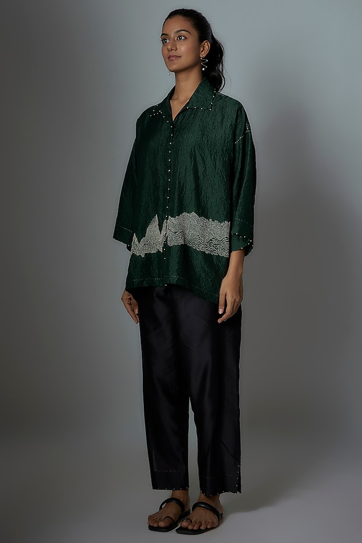 Bottle Green Silk Embroidered Shirt by Divyam Mehta at Pernia's Pop Up Shop