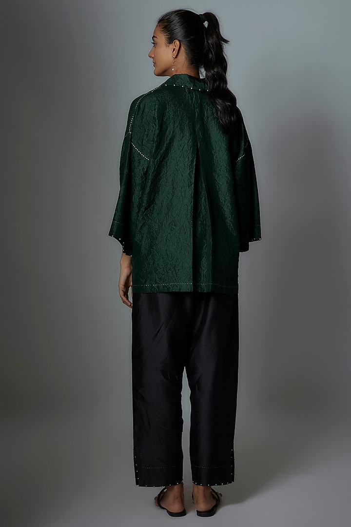 Bottle Green Silk Embroidered Shirt by Divyam Mehta at Pernia's Pop Up Shop