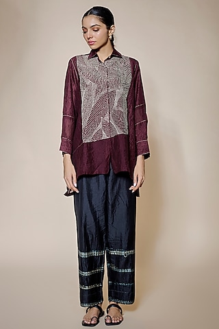 Maroon Mulberry Silk Embroidered Shirt by Divyam Mehta