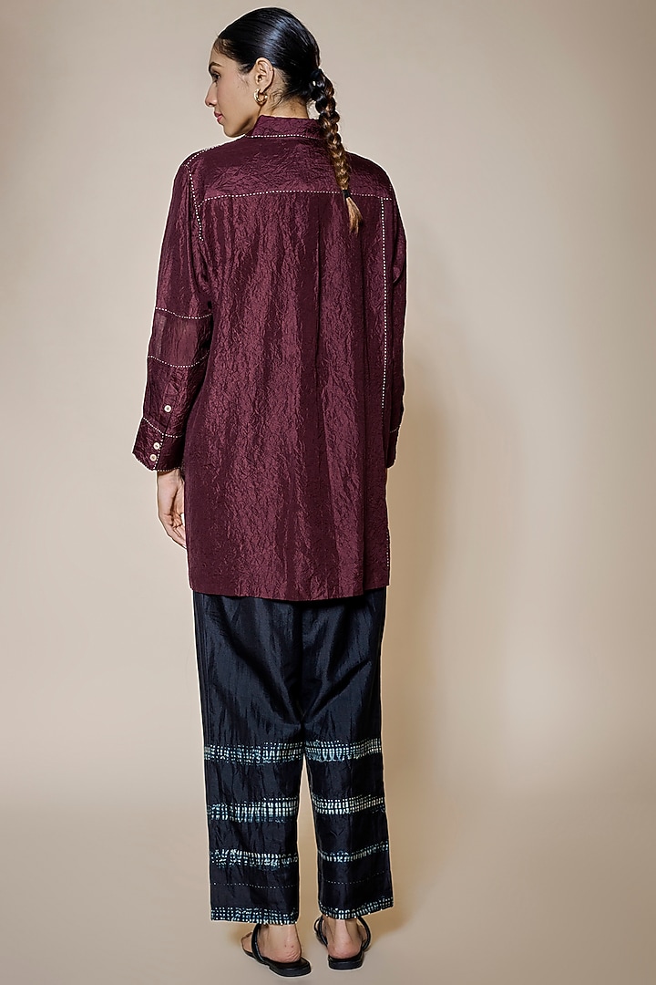 Maroon Mulberry Silk Embroidered Shirt by Divyam Mehta at Pernia's Pop Up Shop