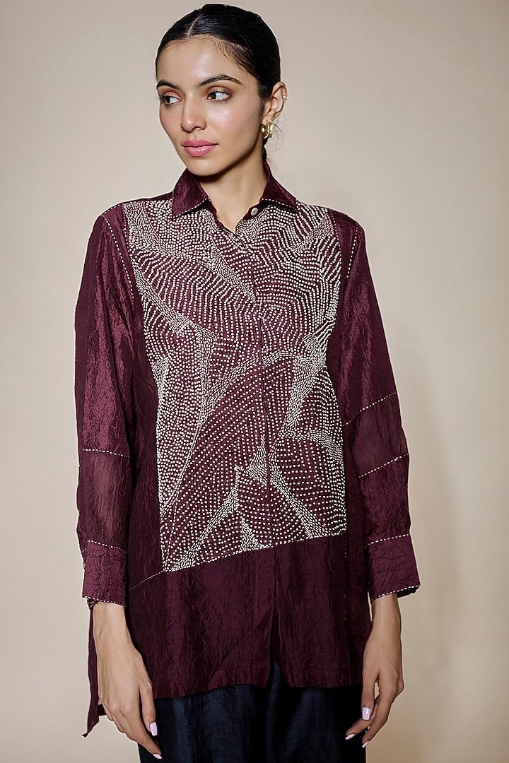Maroon Mulberry Silk Embroidered Shirt by Divyam Mehta at Pernia's Pop Up Shop