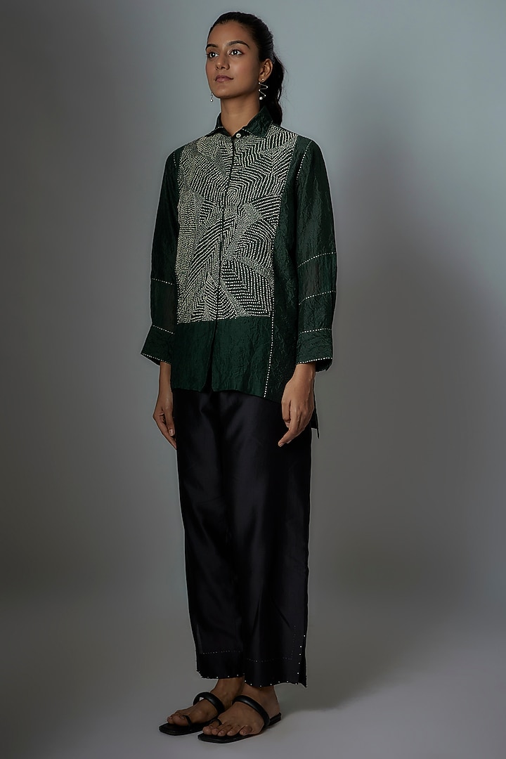 Bottle Green Silk Embroidered Shirt by Divyam Mehta at Pernia's Pop Up Shop