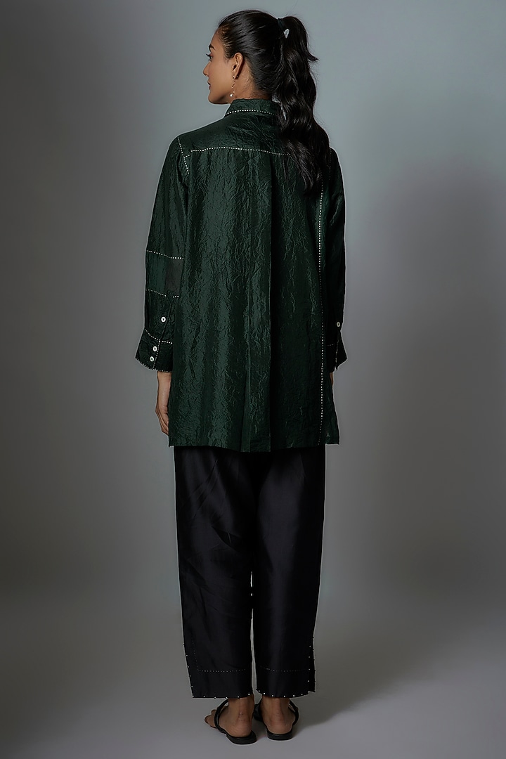 Bottle Green Silk Embroidered Shirt by Divyam Mehta at Pernia's Pop Up Shop