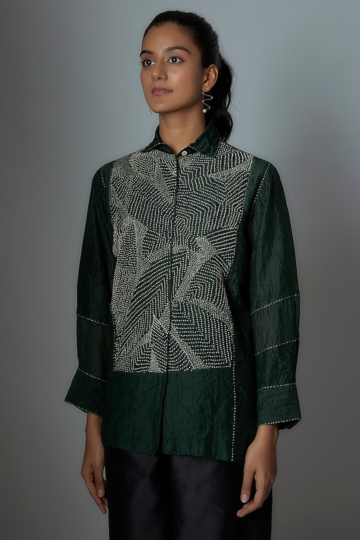 Bottle Green Silk Embroidered Shirt by Divyam Mehta at Pernia's Pop Up Shop
