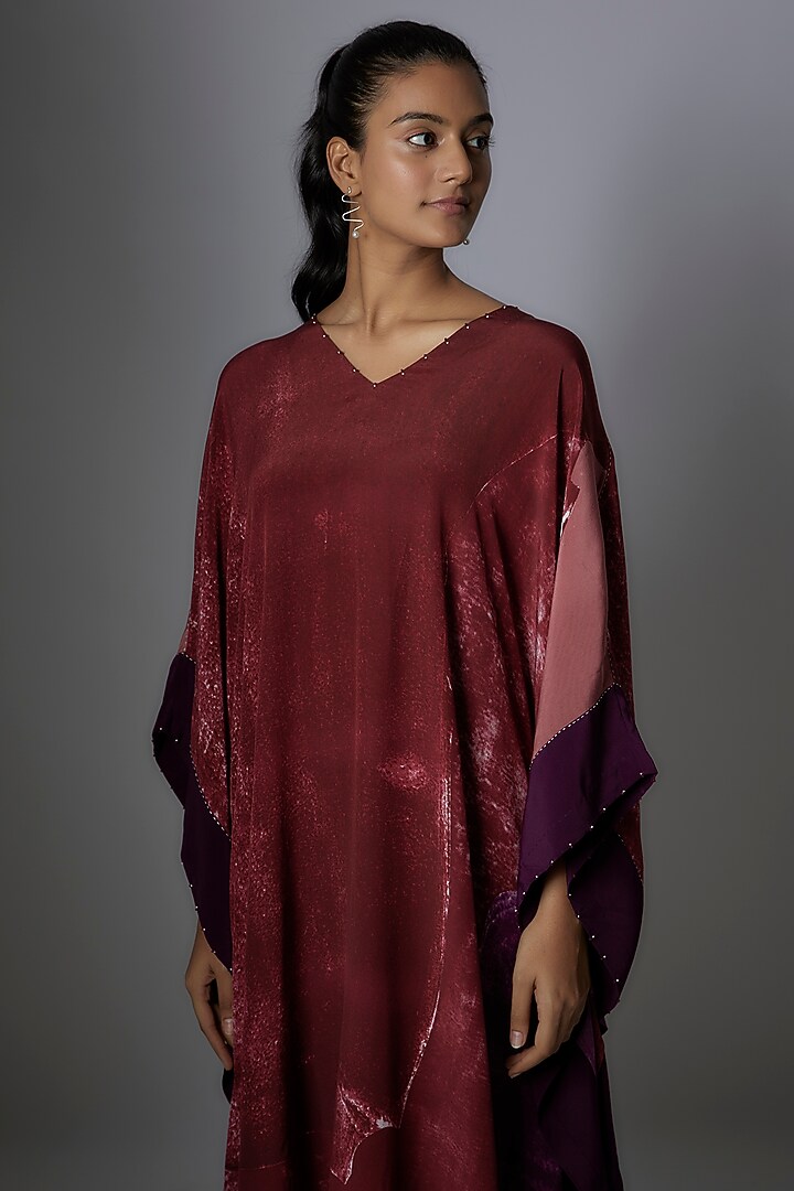 Wine Crepe De Chine Printed Kaftan by Divyam Mehta at Pernia's Pop Up Shop
