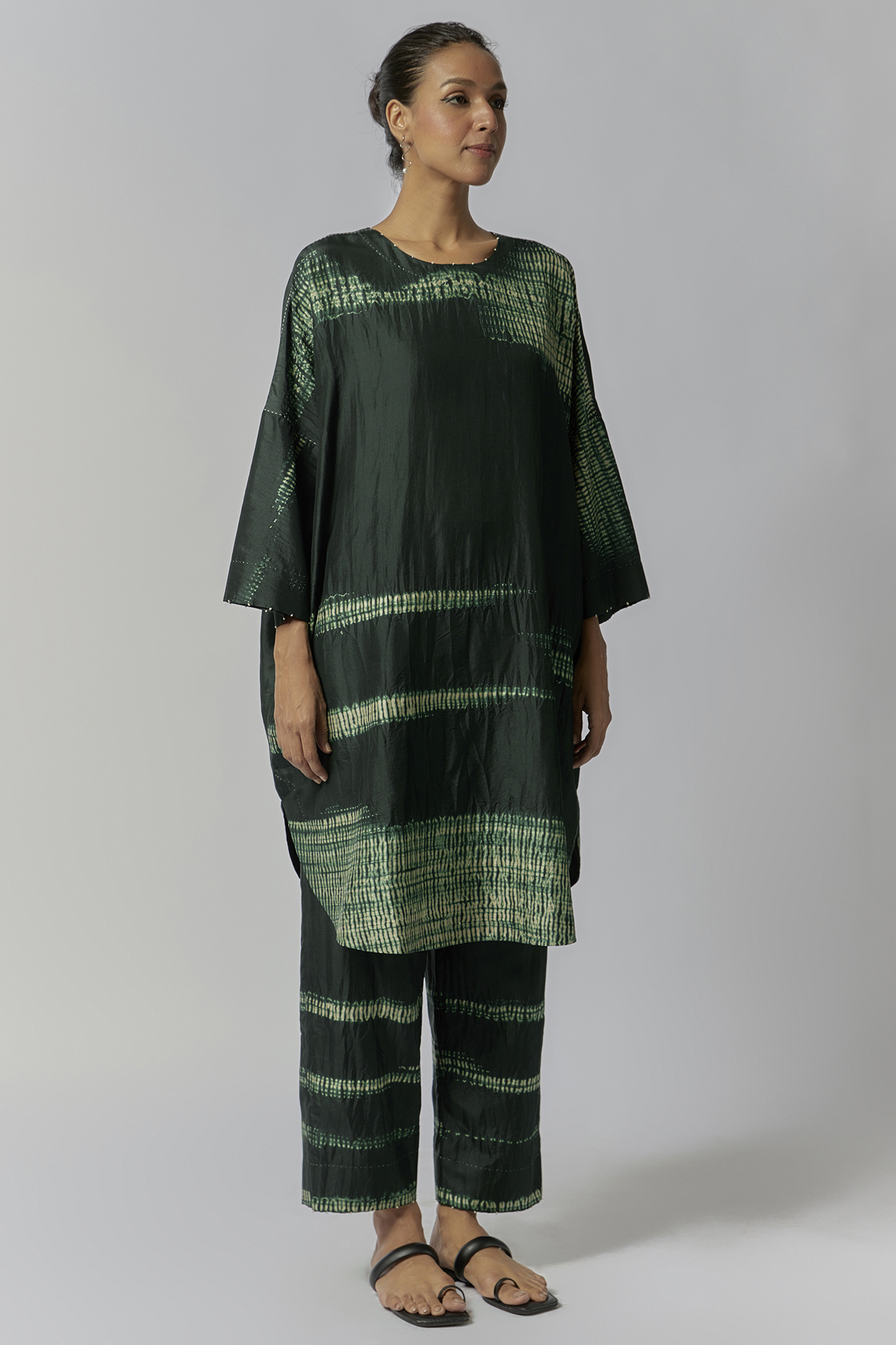 Bottle Green Mulberry Silk Shibori Co-Ord Set by Divyam Mehta at Pernia's Pop Up Shop