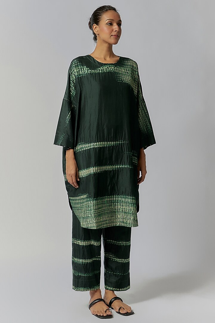Bottle Green Mulberry Silk Shibori Co-Ord Set by Divyam Mehta at Pernia's Pop Up Shop
