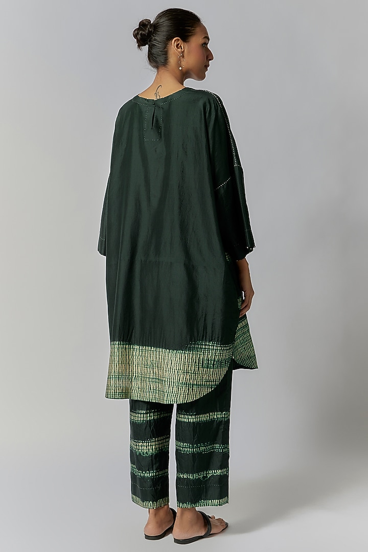 Bottle Green Mulberry Silk Shibori Co-Ord Set by Divyam Mehta at Pernia's Pop Up Shop