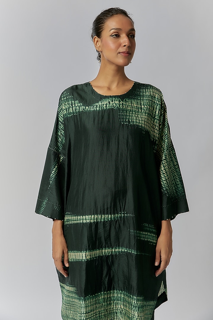 Bottle Green Mulberry Silk Shibori Co-Ord Set by Divyam Mehta at Pernia's Pop Up Shop