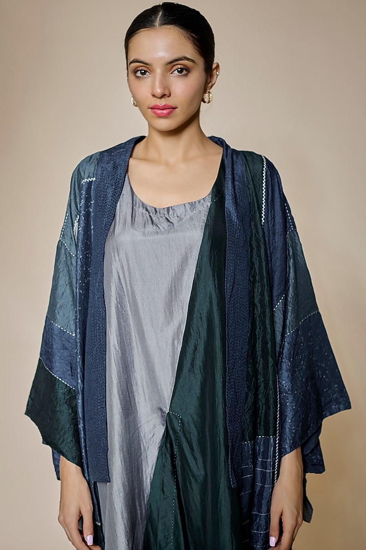 Petrol Blue Mulberry Silk Jacket Cocktail Dress by Divyam Mehta at Pernia's Pop Up Shop