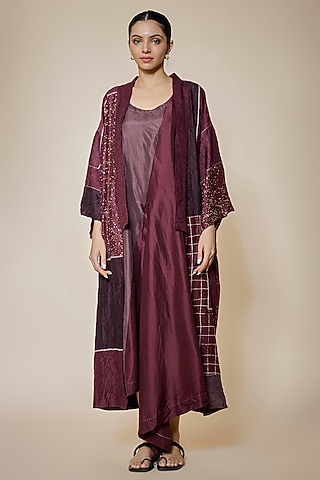 Claret Mulberry Silk Jacket Dress by Divyam Mehta