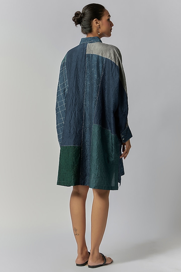 Blue & Green Mulberry Silk Long Shirt by Divyam Mehta at Pernia's Pop Up Shop