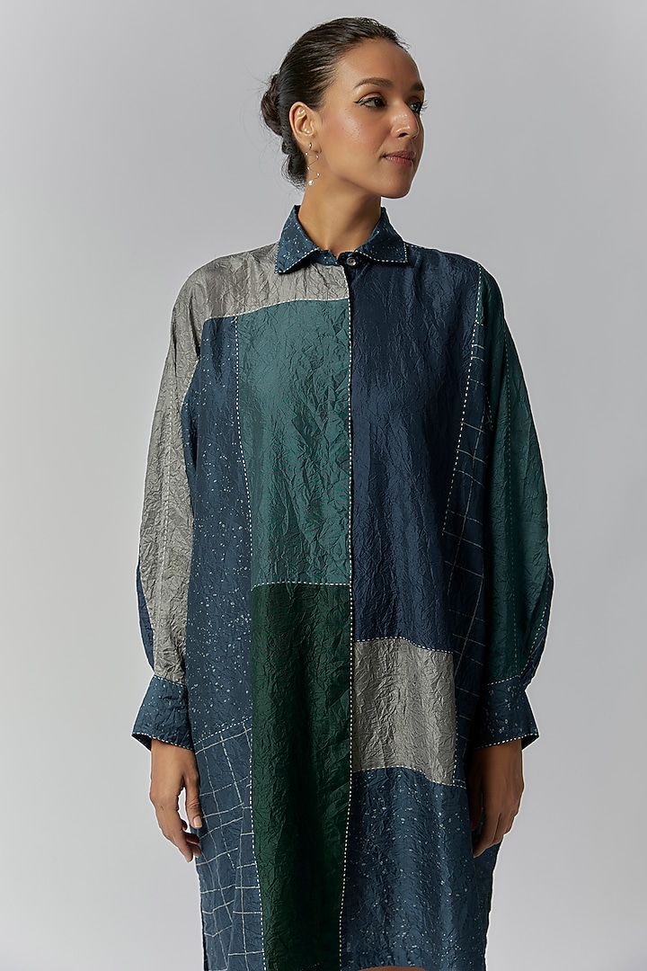 Blue & Green Mulberry Silk Long Shirt by Divyam Mehta at Pernia's Pop Up Shop