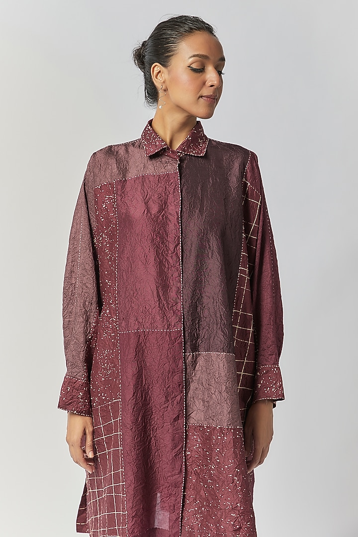 Claret Mulberry Silk Long Shirt by Divyam Mehta at Pernia's Pop Up Shop