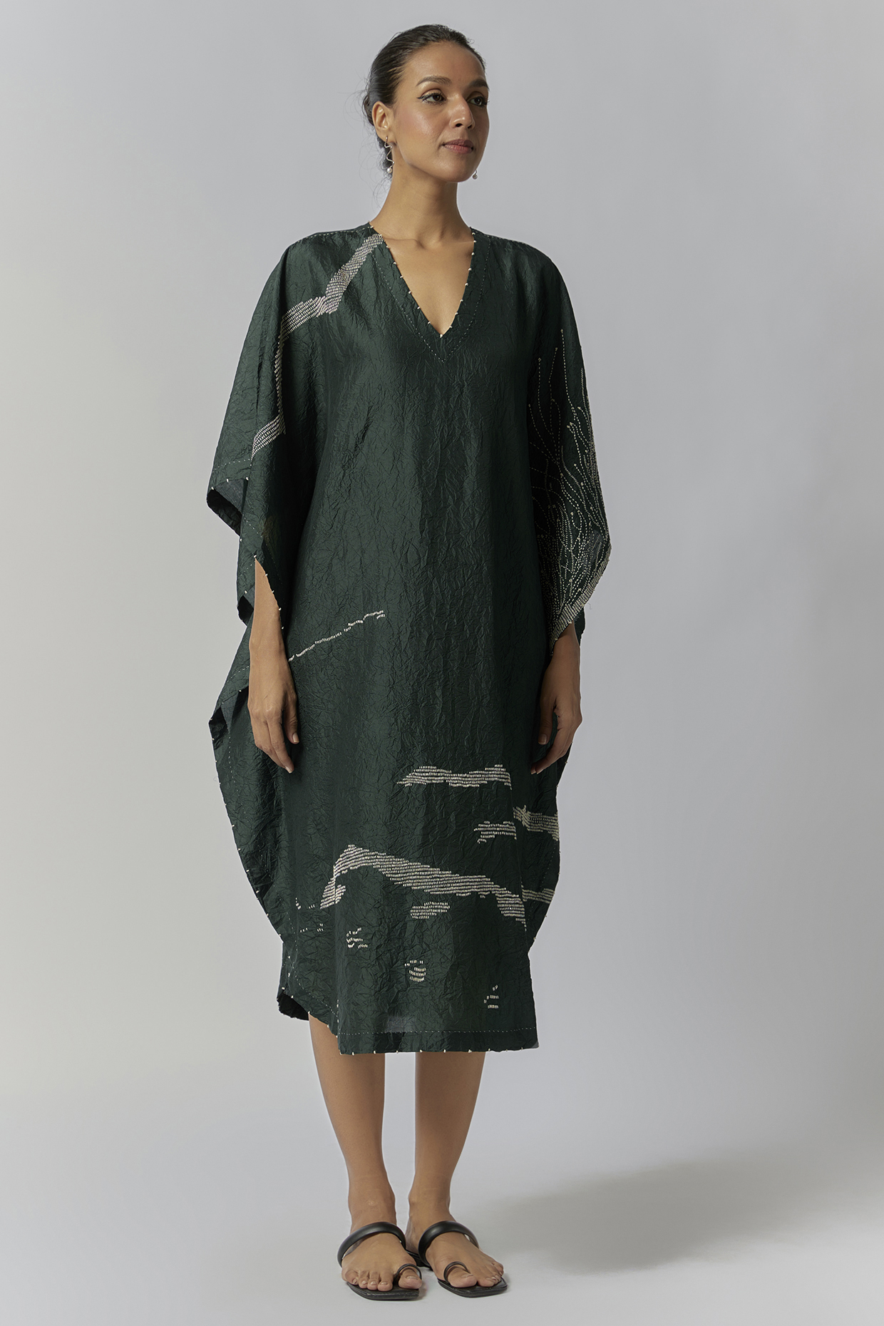 Bottle Green Mulberry Silk Embroidered Kaftan by Divyam Mehta at Pernia's Pop Up Shop