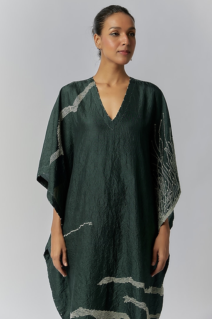 Bottle Green Mulberry Silk Embroidered Kaftan by Divyam Mehta at Pernia's Pop Up Shop
