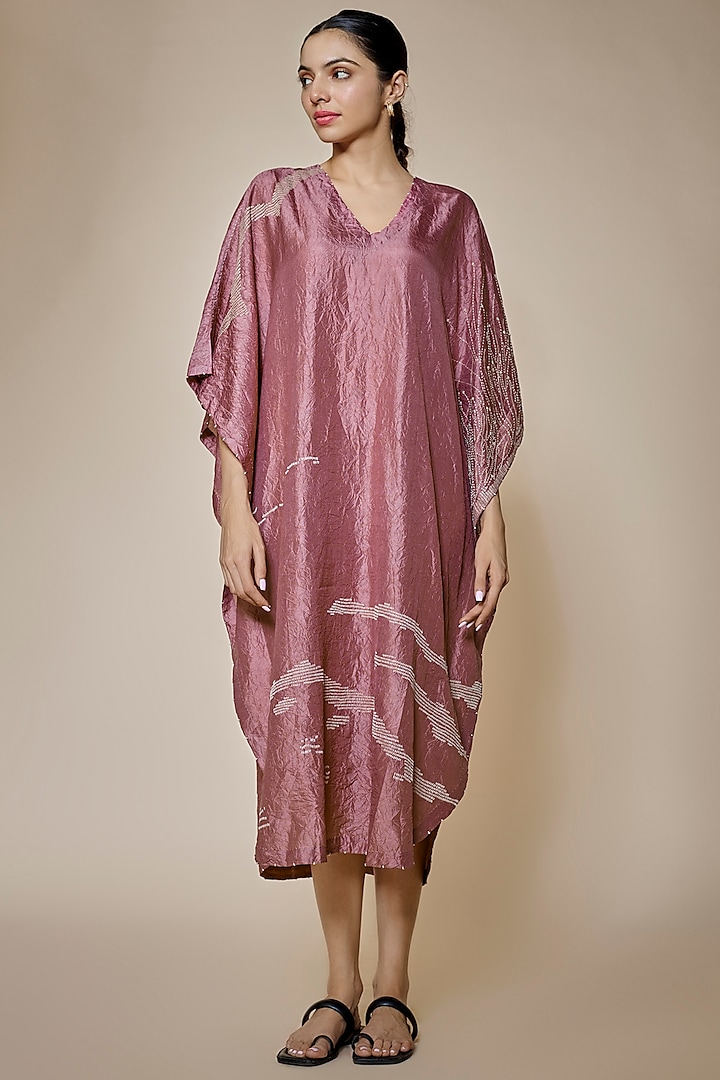 Pink Mulberry Silk Embroidered Kaftan by Divyam Mehta at Pernia's Pop Up Shop