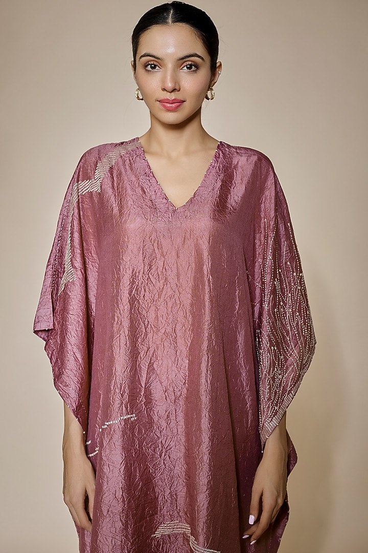 Pink Mulberry Silk Embroidered Kaftan by Divyam Mehta at Pernia's Pop Up Shop