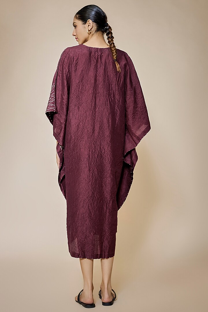 Maroon Mulberry Silk Embroidered Kaftan by Divyam Mehta at Pernia's Pop Up Shop
