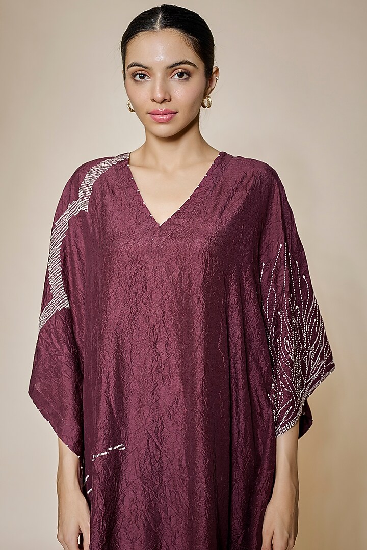 Maroon Mulberry Silk Embroidered Kaftan by Divyam Mehta at Pernia's Pop Up Shop