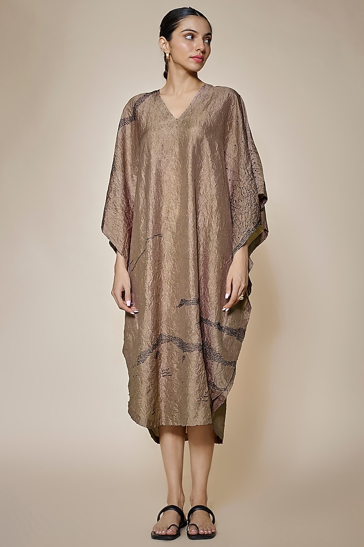 Brown Mulberry Silk Embroidered Kaftan by Divyam Mehta at Pernia's Pop Up Shop