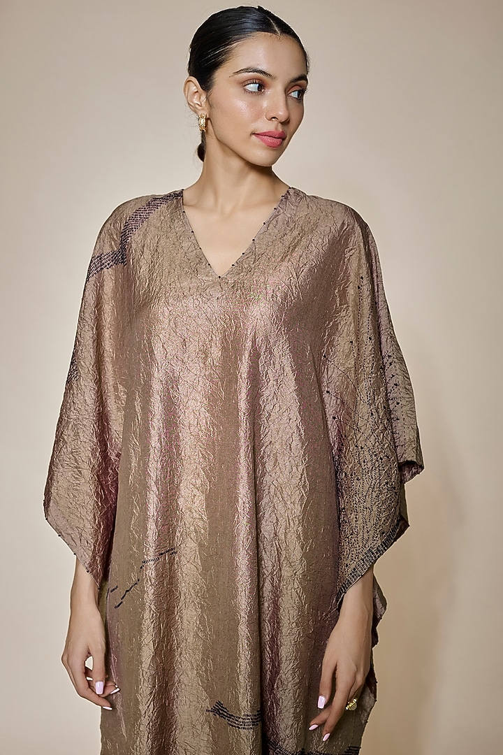 Brown Mulberry Silk Embroidered Kaftan by Divyam Mehta at Pernia's Pop Up Shop