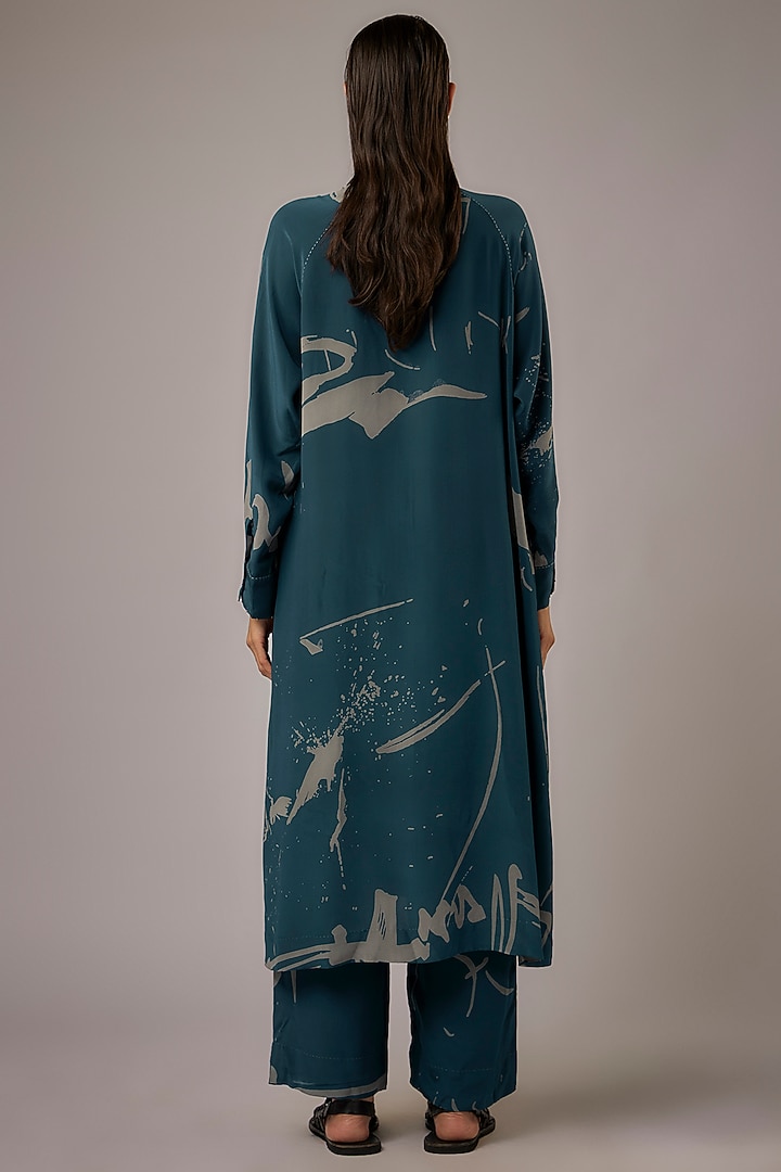 Petrol Blue Crepe Printed Co-ord Set by Divyam Mehta at Pernia's Pop Up Shop
