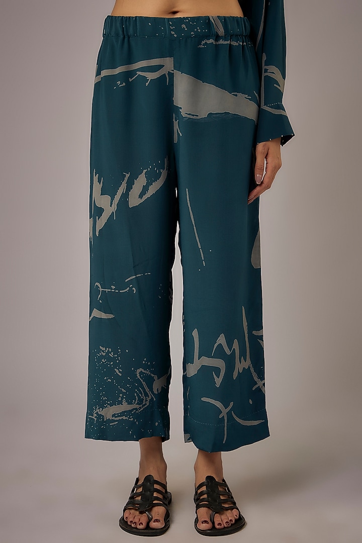 Petrol Blue Crepe Printed Co-ord Set by Divyam Mehta at Pernia's Pop Up Shop