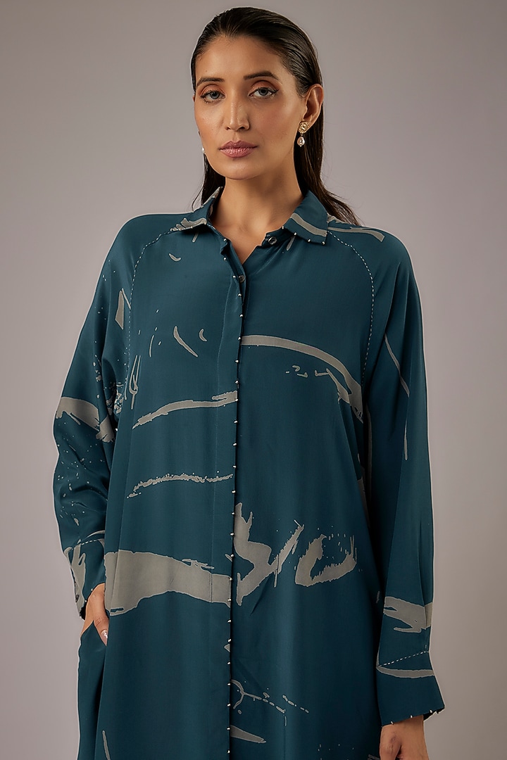 Petrol Blue Crepe Printed Co-ord Set by Divyam Mehta at Pernia's Pop Up Shop