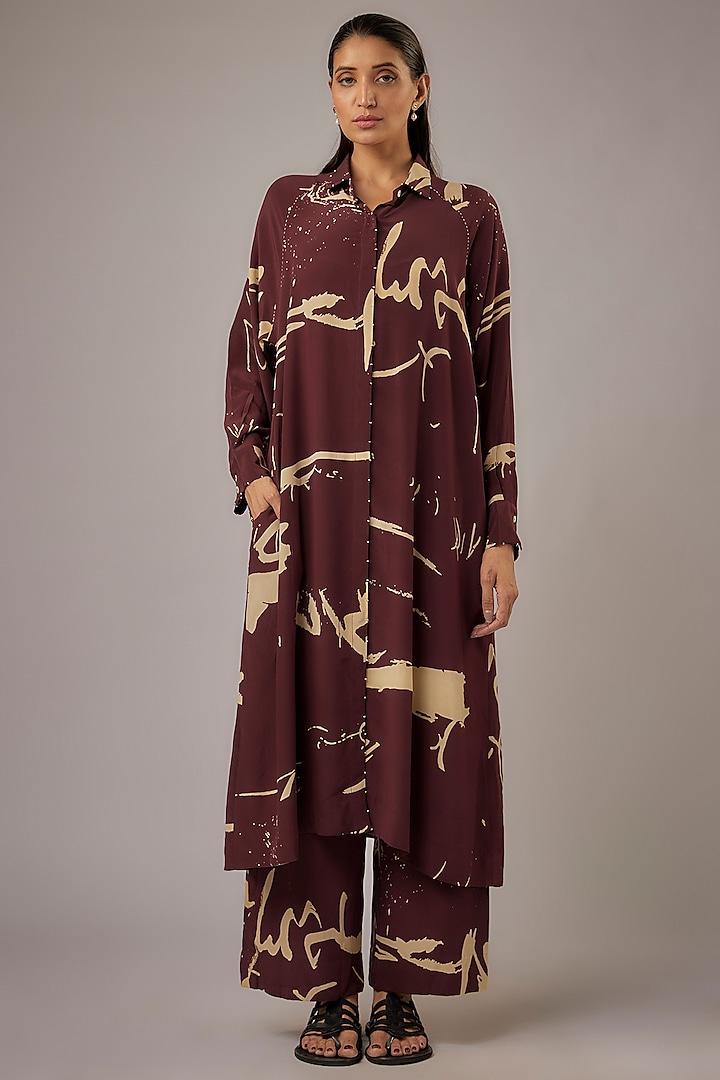 Claret Silk Crepe Printed Co-ord Set by Divyam Mehta at Pernia's Pop Up Shop