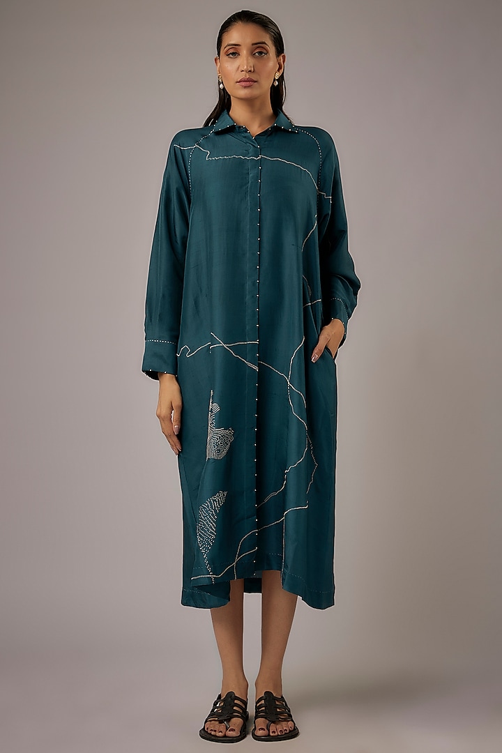 Petrol Blue Dupion Silk Embroidered Midi Dress by Divyam Mehta at Pernia's Pop Up Shop