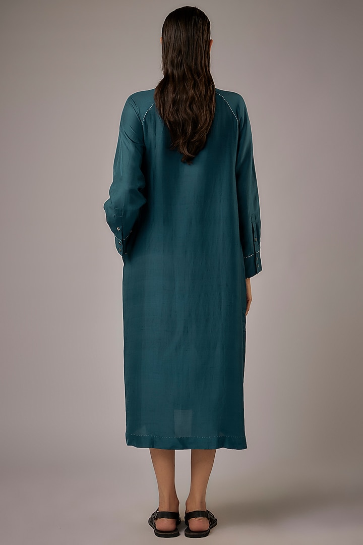 Petrol Blue Dupion Silk Embroidered Midi Vacation Dress by Divyam Mehta at Pernia's Pop Up Shop