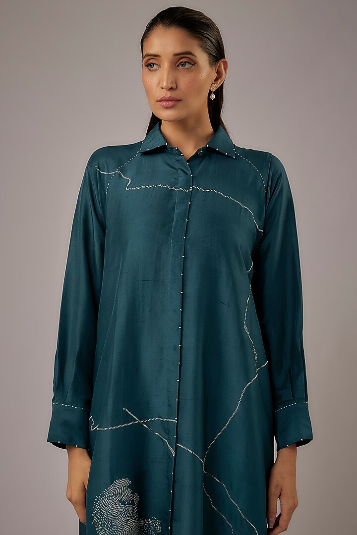 Petrol Blue Dupion Silk Embroidered Midi Vacation Dress by Divyam Mehta at Pernia's Pop Up Shop