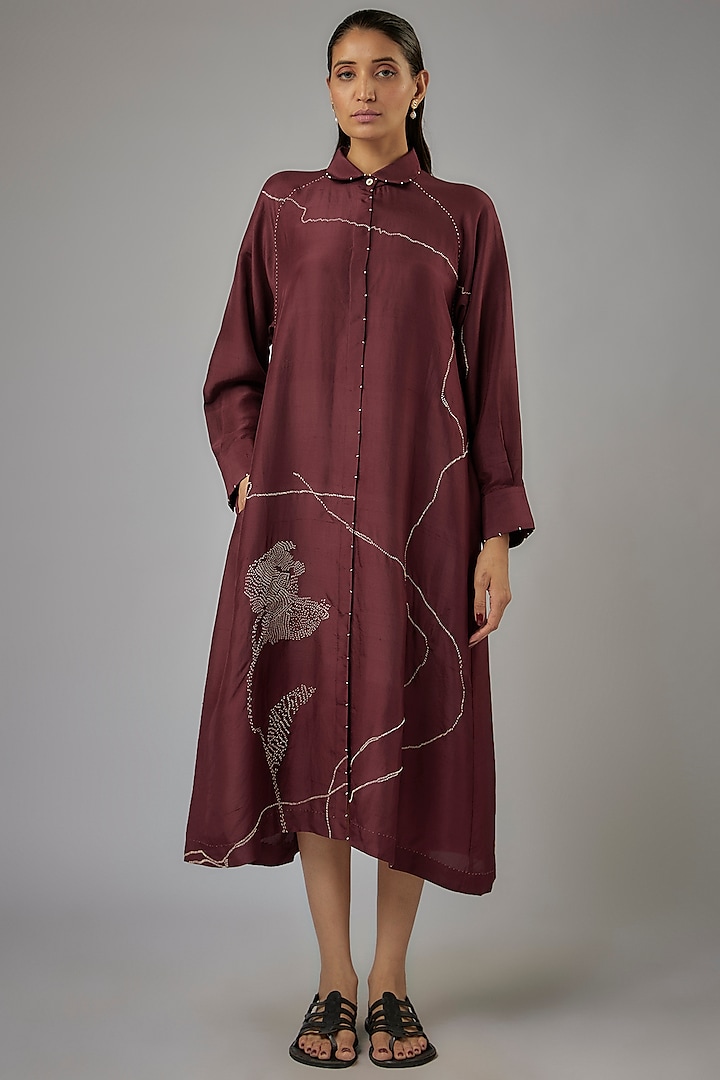 Claret Dupion Silk Embroidered Midi Dress by Divyam Mehta