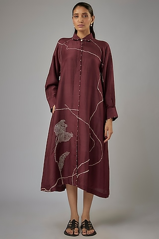 Claret Dupion Silk Embroidered Midi Dress by Divyam Mehta