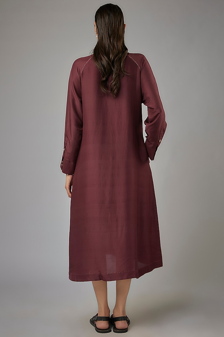 Claret Dupion Silk Embroidered Midi Vacation Dress by Divyam Mehta at Pernia's Pop Up Shop